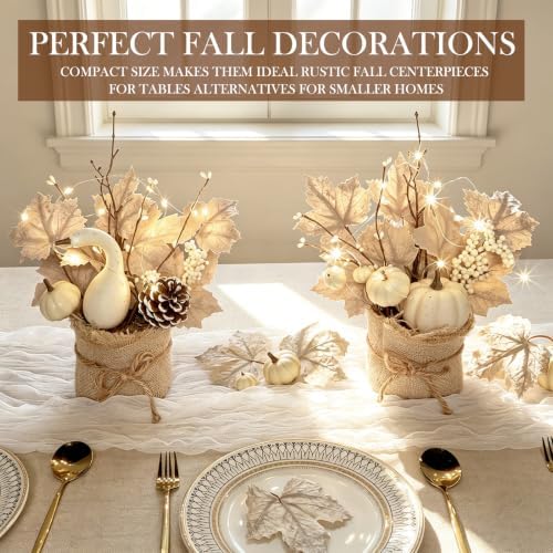 [Light & Timer] Fall Decor 2 Pack Fall Table Centerpieces with 20 LED Tabletop Maple Tree Pumpkin Pinecone Berry Branch Arrangement, Fall Decorations for Home Kitchen Halloween Thanksgiving