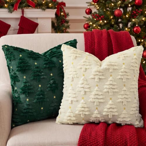 Softalker Christmas Pillow Covers 18x18 Set of 2, Green Xmas Tree Decor