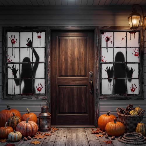 Newwiee 2 Pcs Scary Halloween Curtain Window Silhouette Bloody Handprint