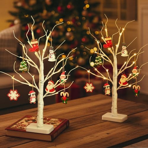 EAMBRITE Lighted Birch Tree with Ornaments, 2 Pack Small Christmas Trees