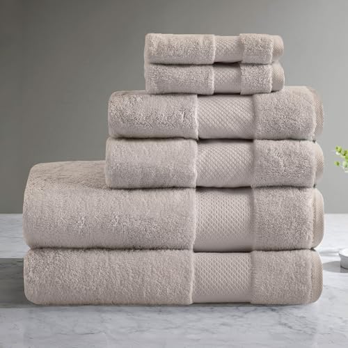 Madison Park 100% Turkish Cotton 600 GSM Bath Towel Set, 6 Piece, Taupe | Low Twist Quick Dry Shower Towels for