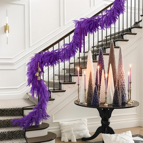 N&T NIETING 9FT Christmas Norfolk Pine Garland Real Touch Artificial Christmas Purple Xmas Garland for Mantle, Table Holiday Fireplace Staircase Indoor Outdoor Halloween Christmas Decorations