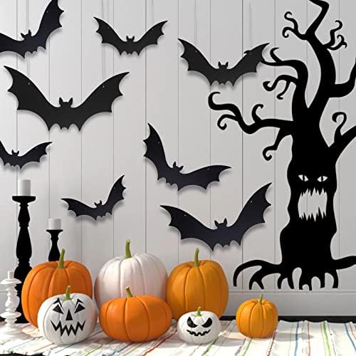 Plastic Bats Halloween Decorations, 12 PCS Large Black Hanging Bats