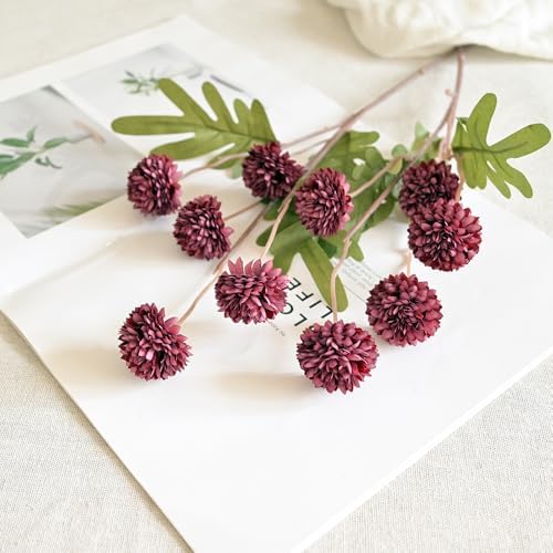 Laelfe 5Pcs Burgundy Flowers Artificial Pompon Mum, Fake Kiku Flowers Silk Small Mini Chrysanthemum Ball Faux Mum Decor for Autumn Filler DIY Bouquet Centerpieces Arrangements Shower(Burgundy)