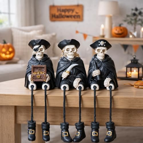 Dlfghos Halloween Skeleton Decor Set of 3 Pirate Skeleton Figurines Halloween Indoor Decorations Statue Skull Figurine Home Decor for Coffee Table Desk Bookshelf Mantel Gifts