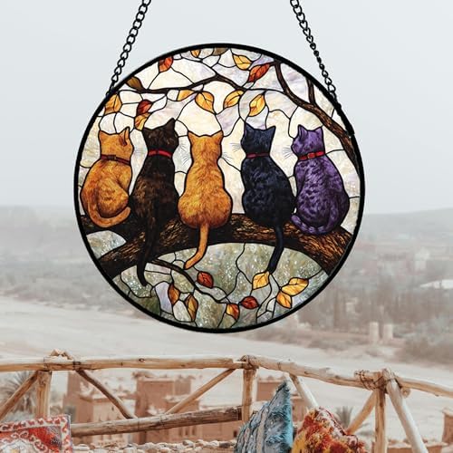 5 Cats on a Branch Stained Glass Window Hanging Suncatcher Gifts 15"