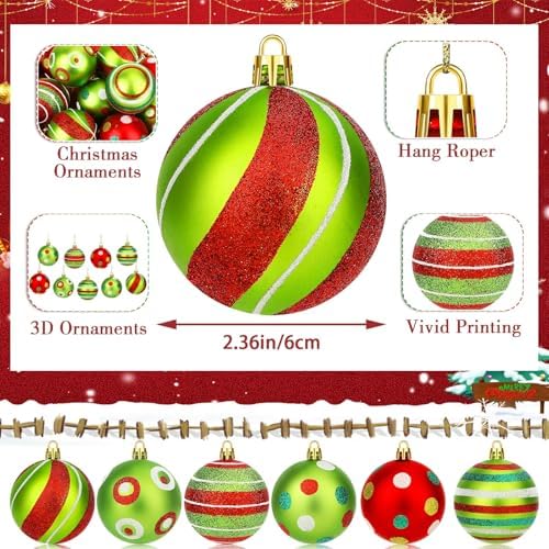 JULMELON 24Pcs Christmas Ornaments for Large Tree, Red and Green Decor