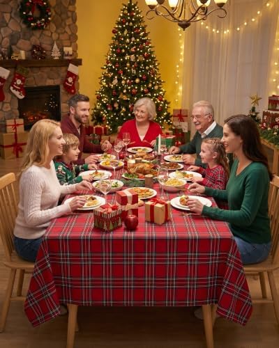 Rectangle Christmas Tablecloth 8ft, Tartan Plaid, 2-Pack