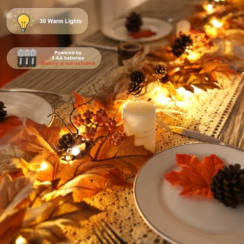 9 FT Lighted Fall Garland with Lights Autumn Automatic ON/Off Timer