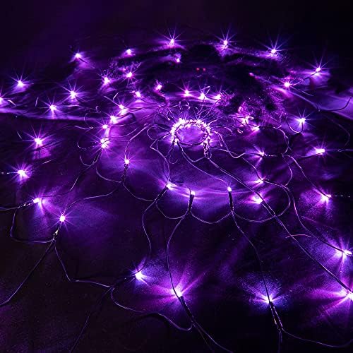 FUNPENY Halloween 80 LED Spider Web Lights with Spider, Battery Powered 8 Modes Light up Cobweb Halloween Decorations for Indoor Ourdoor Garden Yard Home Patio (Purple)