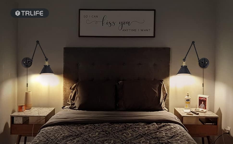 TRLIFE Plug in Wall Sconces, Dimmable Wall Sconce Swing Arm Wall Lights Plug in, Adjustable Wall Mounted Light Wall