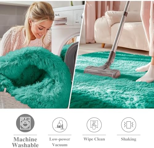 OLANLY Teal Green Round Rugs for Bedroom - Machine Washable, 4 ft Circle Area Rugs for Living Room, Soft and Fluffy