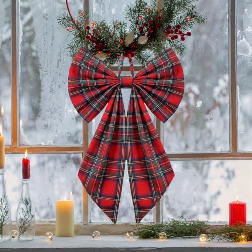 Suncalla 2 Pcs Red Green Christmas Tartan Plaid Wreath Bows 18'' x 12''