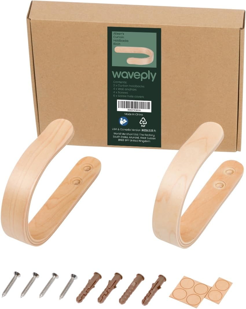 2 x Waveply Wood Curtain Holdbacks Plywood Drapery U Shaped Hook Tiebacks for Wall (Birch)