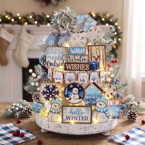 Shellwei 23 Pcs Christmas Tiered Tray Decor Set, Blue Snowman Wood Signs