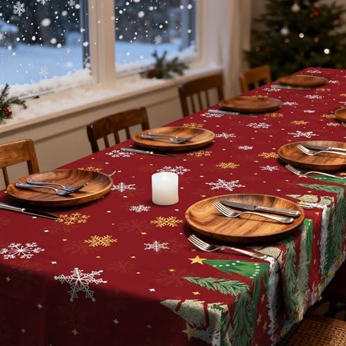 Gistome 3-Piece 54 x 108 Inch Christmas Tree Plastic Tablecloth – Holiday Disposable Red and Green Table Cover for Christmas Dinners, Winter Parties, and Indoor Outdoor Decorations