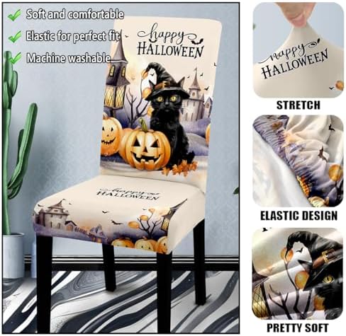 Halloween Dining Chair Covers Set of 4-Only Chair Covers,Stretchable Parsons Chair Slipcovers 4 Pieces Pumpkin Castle Black Cat Pattern Chair Covers for Kitchen Dining Room,Beige