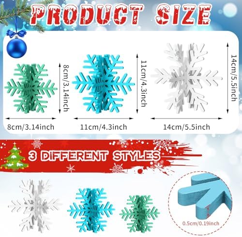 Bucherry 12 Pcs Wooden Snowflakes Table Decor,White, Blue, Green