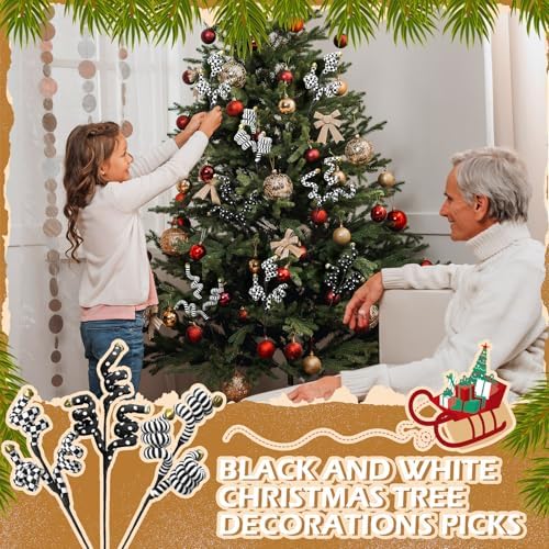 Thiccywoov 6 Pcs Christmas Tree Picks Black and White Christmas Ornaments Woolen Bells Curly Picks Xmas Branches Xmas Halloween Decoration Home Office Party Ornaments
