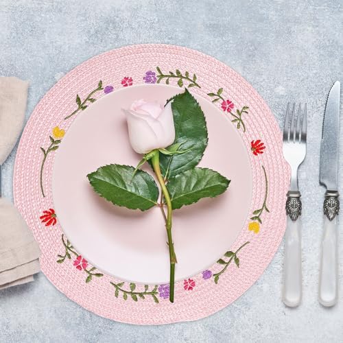 Whaline 4Pcs Spring Flower Embroidered Placemats Round Place Mats Pink Floral Dinner Table Mats for Home Holiday Wedding Bridal Baby Shower Birthday Party Decor