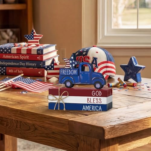 Smile 4pcs Veterans Day Patriotic Memorial Day Indoor Decorations Wooden Decor Table Centerpiece God Bless America Wooden Plaque Ornaments for Home Kitchen