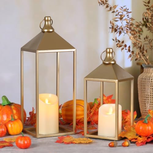 Decorative Candle Lanterns Indoor, 2 Pcs Gold Metal Lanterns with Candles