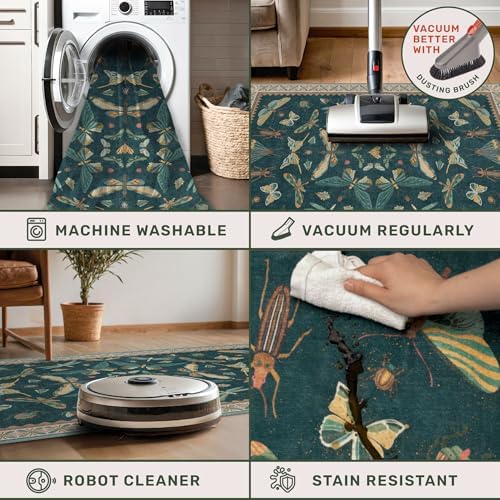 Hazo Haus Brown and Green Kitchen Sink Runner Rug 2x6 - Teal Boho Bathroom Rugs for Entrance Indoor, Insect Print