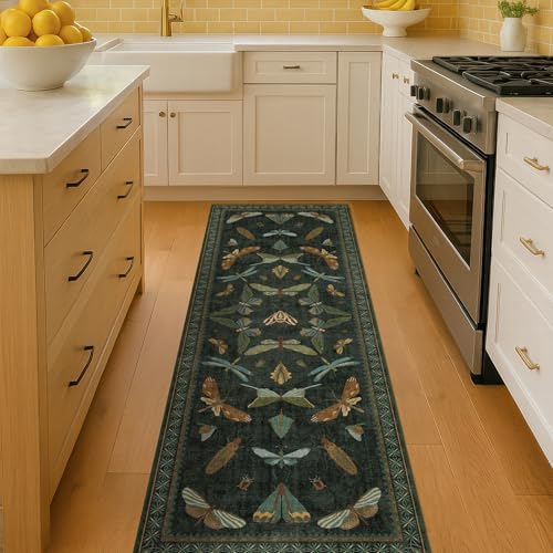 Hazo Haus Insect 2x7 Stain Resistant Kitchen Runner Rugs, Vintage Bathroon Rug Non Skid, Low Pile & Soft Non Slip with