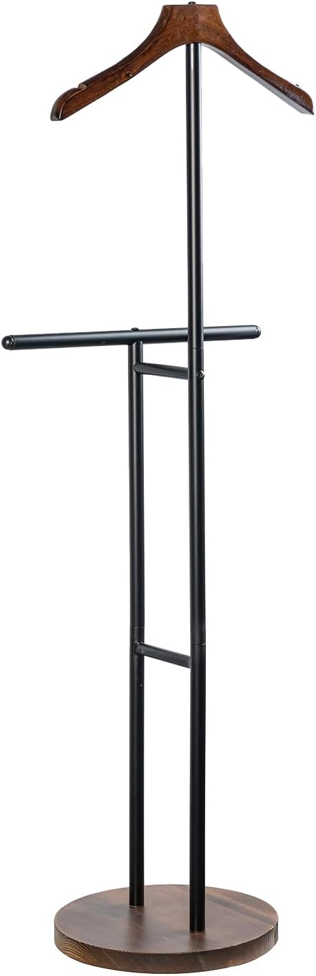 MyGift Modern Garment Valet Stand with Rustic Burnt Solid Wood Coat Clothes Hanger, Round Wooden Base, and Industrial