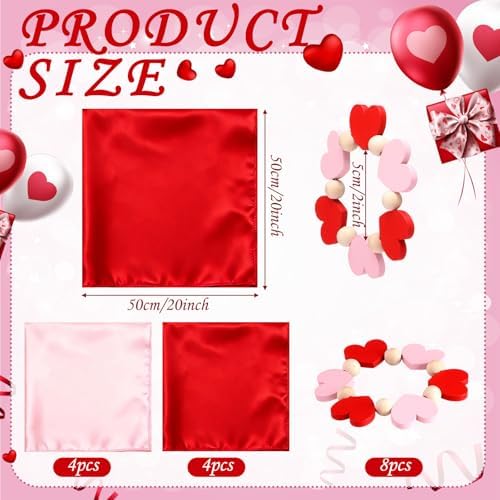 Qinyoung 8 Sets Valentine's Day Cloth Napkins and Heart Rings, Wooden Red Pink Napkins Rings Holders for Valentine's Day Wedding Anniversary Dinner Party Table Decoration