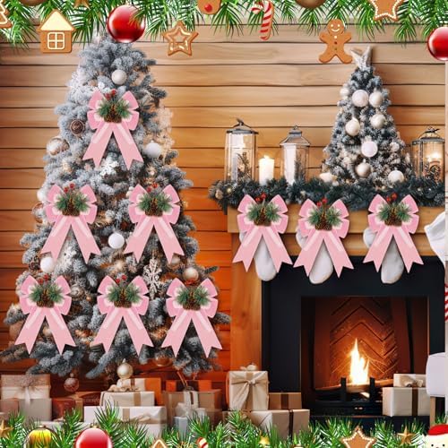 Syhood 6 Pcs Christmas Bows Xmas Velvet Bows Tree Decor, Pink