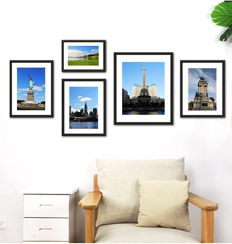 11x14 Picture Frame Set of 6, Wall or Tabletop, Black Woodgrain | Display 8x10 with Mat or 11x14 Without Mat