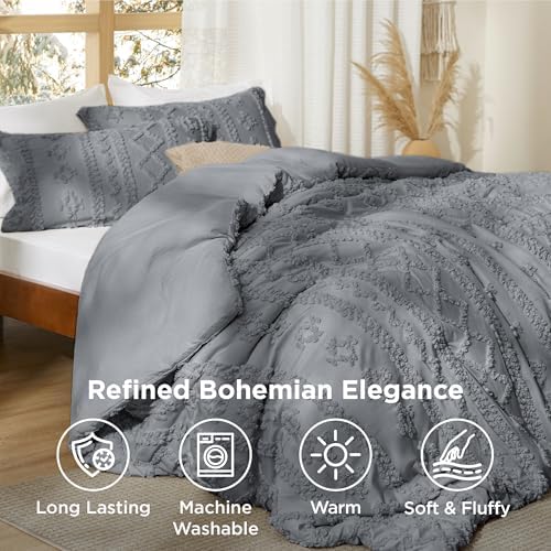 Bedsure Tufted Boho Comforter Set King Size - Grey Boho Bed Set, GentleSoft™ 3 Pieces Farmhouse-Style Embroidery