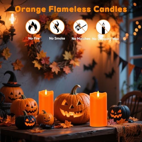 Orange Flameless Candles Set of 2, 6"x3" Fall Candles with Remote & Timer