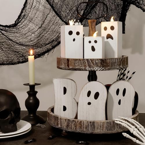 Halloween Decorations: 3pcs Cute White Ghost Decor, Farmhouse Wooden Ghost Sign with Flameless LED Tea Lights, Rustic Room Decor for Kids Home Office School Desk Fireplace