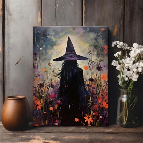 ILLBDR Halloween Witch with Flowers Canvas Wall Art 12x16 inch