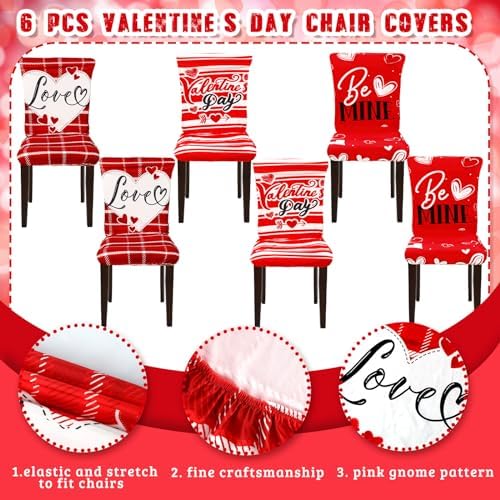 Preboun Valentine's Day Chair Covers Set of 6 Valentines Dining Protector Stretch Red Heart Removable Washable Valentine Be Mine Slipcovers for Dining Hotel Party Wedding
