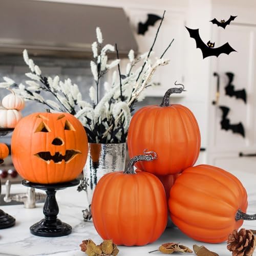 Artmag 6 Inch Large Artificial Pumpkins, 4PCS Big Orange Faux Foam Harvest Pumpkins for Fall Autumn Thanksgiving Seasonal Holiday Decor Decorations (Orange)
