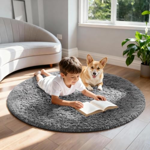 Ophanie Round Rug 4Ft Grey Circle Area Rugs, Fluffy Fuzzy Small Bedroom Carpet 4 Foot, Plush Shag Floor Gray Living