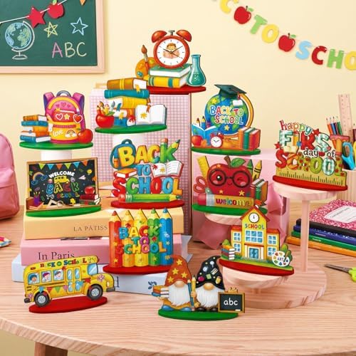 Wesiti 12 Pcs Back to School Table Decorations Wooden First Day of School Table Centerpiece Alarm Clocks Backpacks Tabletop Topper Decor for Classrooms Office Home Tiered Tray Decor Party Favor