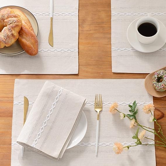 Wracra Cotton Linen Place Mats, Ivory Embroidered Placemats Set of 6 | Placemats 12 x 18 Inch; Cotton Linen Woven