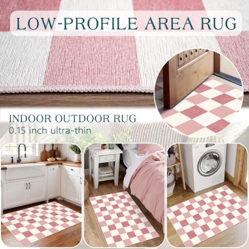 Front Door Mat Outside Entrance - 2x3 Cute Pink White Checkered Rug