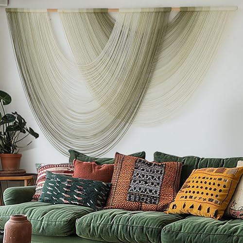 Macrame Wall Hanging Boho Tapestry Dip Dyed Ombre Moss Green 57"W*39"L
