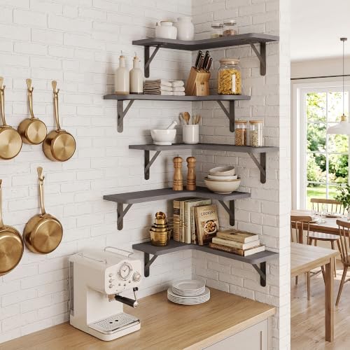 Fixwal Corner Floating Shelves Set of 5, Rustic Wood Wall Mounted Corner Shelf for Bathroom, Kitchen, Bedroom, Home
