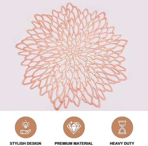 Snowkingdom 18 Pack Rose Gold Placemats Bulk Metallic Pressed Vinyl for Mother's Day Dinning Table Decoration Floral Mats Round Floral Charger Decoration for Weddings Christmas Holiday