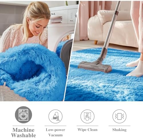 OLANLY Bright Blue Round Rugs for Bedroom - Machine Washable, 2 ft Circle Area Rugs for Living Room, Soft and Fluffy