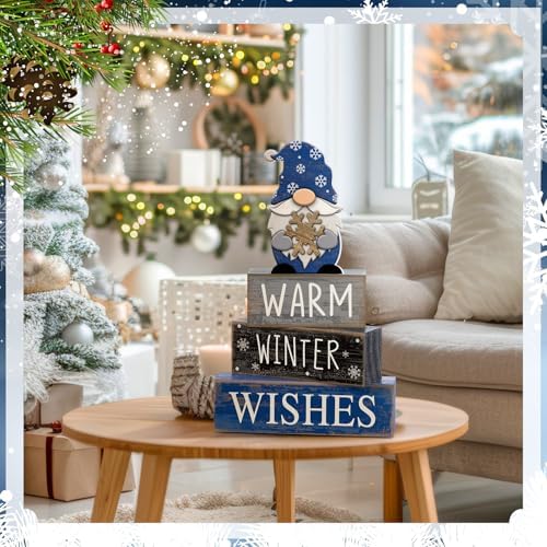 Lineshading 4 Pcs Winter Gnome Wooden Sign Blue Tiered Tray Decor Farmhouse