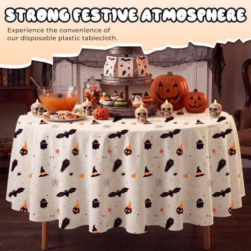 6 Pack Halloween Tablecloth, 84" Round Plastic Bat Ghost Table Cloth Large Size Round Halloween Table Covers for Home Decor Halloween Party Decorations