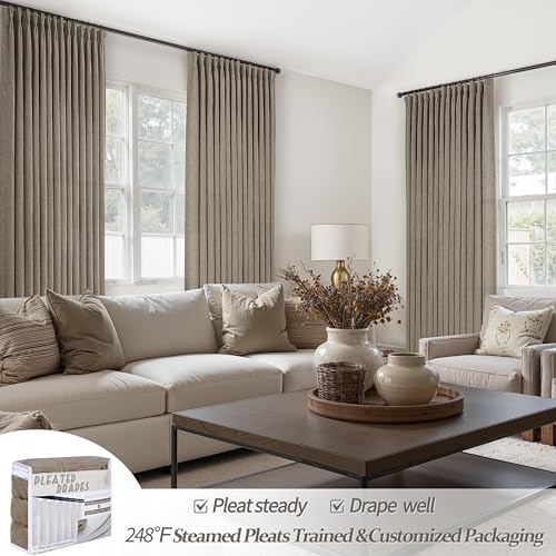 Pinch Pleated Light Filtering 70 Inch Extra Wide Curtains 108 Inches Long for Bedroom, Dark Brown Memory Shape Privacy