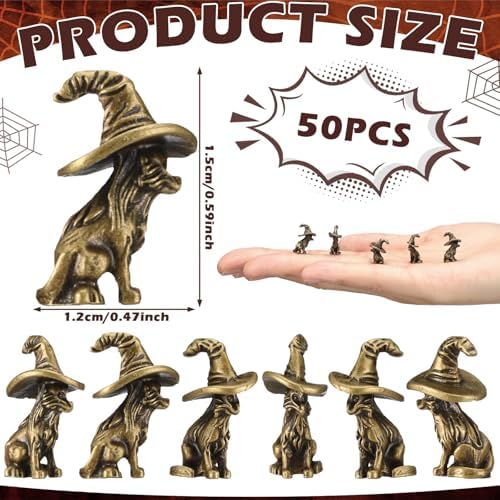 Civaner 50 Pcs Halloween Mini Brass Figurine Miniature, Witch Cat